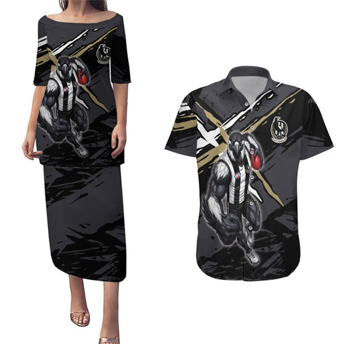 Collingwood Football Club Couples Matching Puletasi and Hawaiian Shirt Magpies Muscular Mascot Graphic - Abstract Paint Splatter Art