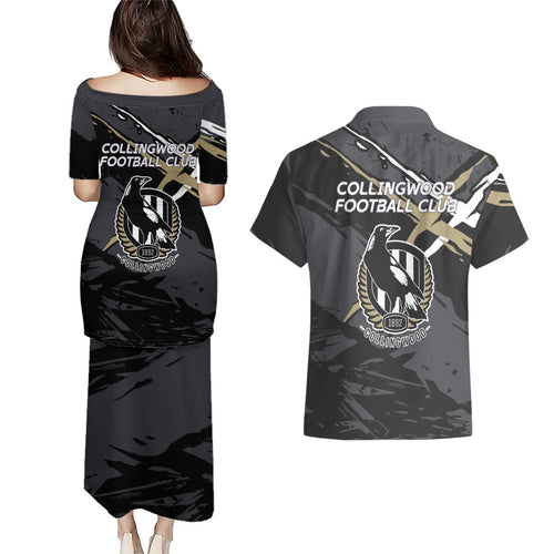 Collingwood Football Club Couples Matching Puletasi and Hawaiian Shirt Magpies Muscular Mascot Graphic - Abstract Paint Splatter Art