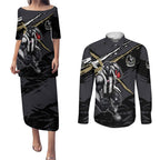 Collingwood Football Club Couples Matching Puletasi and Long Sleeve Button Shirt Magpies Muscular Mascot Graphic - Abstract Paint Splatter Art