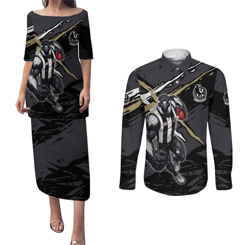 Collingwood Football Club Couples Matching Puletasi and Long Sleeve Button Shirt Magpies Muscular Mascot Graphic - Abstract Paint Splatter Art