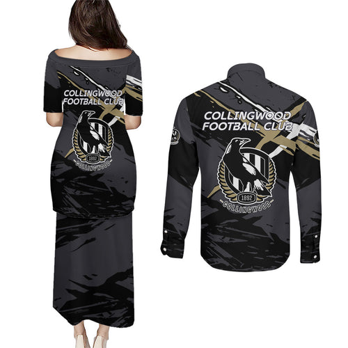 Collingwood Football Club Couples Matching Puletasi and Long Sleeve Button Shirt Magpies Muscular Mascot Graphic - Abstract Paint Splatter Art
