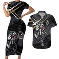 Collingwood Football Club Couples Matching Short Sleeve Bodycon Dress and Hawaiian Shirt Magpies Muscular Mascot Graphic - Abstract Paint Splatter Art
