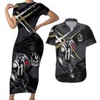 Collingwood Football Club Couples Matching Short Sleeve Bodycon Dress and Hawaiian Shirt Magpies Muscular Mascot Graphic - Abstract Paint Splatter Art