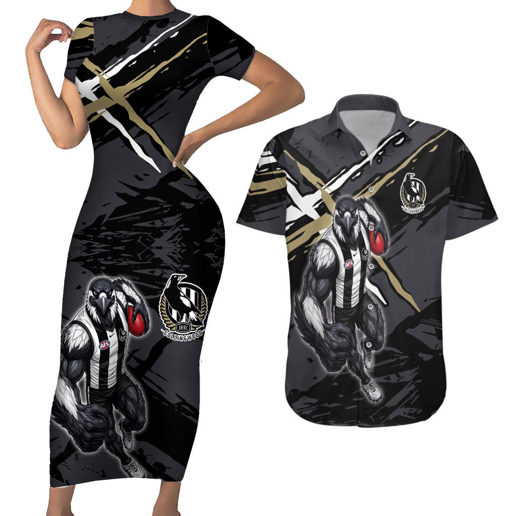 Collingwood Football Club Couples Matching Short Sleeve Bodycon Dress and Hawaiian Shirt Magpies Muscular Mascot Graphic - Abstract Paint Splatter Art