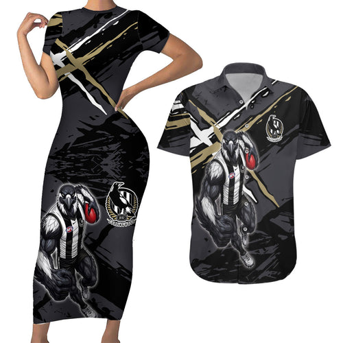 Collingwood Football Club Couples Matching Short Sleeve Bodycon Dress and Hawaiian Shirt Magpies Muscular Mascot Graphic - Abstract Paint Splatter Art