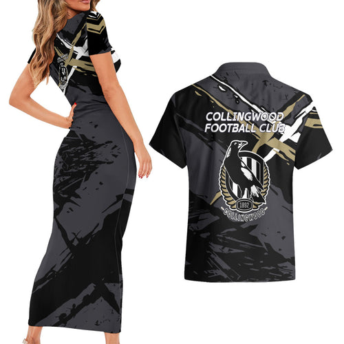 Collingwood Football Club Couples Matching Short Sleeve Bodycon Dress and Hawaiian Shirt Magpies Muscular Mascot Graphic - Abstract Paint Splatter Art