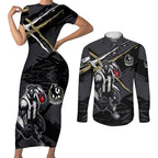 Collingwood Football Club Couples Matching Short Sleeve Bodycon Dress and Long Sleeve Button Shirt Magpies Muscular Mascot Graphic - Abstract Paint Splatter Art