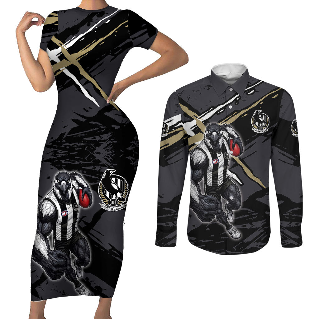 Collingwood Football Club Couples Matching Short Sleeve Bodycon Dress and Long Sleeve Button Shirt Magpies Muscular Mascot Graphic - Abstract Paint Splatter Art