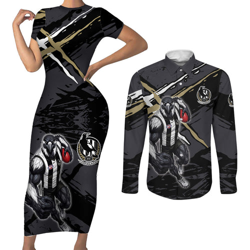 Collingwood Football Club Couples Matching Short Sleeve Bodycon Dress and Long Sleeve Button Shirt Magpies Muscular Mascot Graphic - Abstract Paint Splatter Art