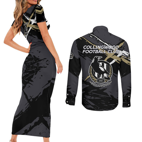 Collingwood Football Club Couples Matching Short Sleeve Bodycon Dress and Long Sleeve Button Shirt Magpies Muscular Mascot Graphic - Abstract Paint Splatter Art