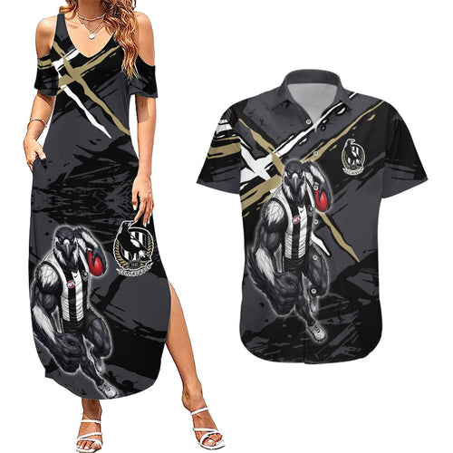Collingwood Football Club Couples Matching Summer Maxi Dress and Hawaiian Shirt Magpies Muscular Mascot Graphic - Abstract Paint Splatter Art