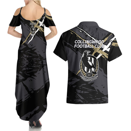 Collingwood Football Club Couples Matching Summer Maxi Dress and Hawaiian Shirt Magpies Muscular Mascot Graphic - Abstract Paint Splatter Art