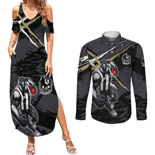 Collingwood Football Club Couples Matching Summer Maxi Dress and Long Sleeve Button Shirt Magpies Muscular Mascot Graphic - Abstract Paint Splatter Art