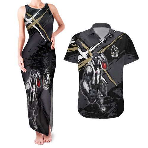 Collingwood Football Club Couples Matching Tank Maxi Dress and Hawaiian Shirt Magpies Muscular Mascot Graphic - Abstract Paint Splatter Art