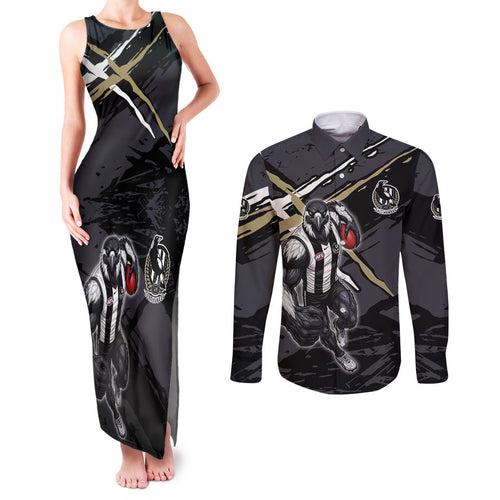 Collingwood Football Club Couples Matching Tank Maxi Dress and Long Sleeve Button Shirt Magpies Muscular Mascot Graphic - Abstract Paint Splatter Art