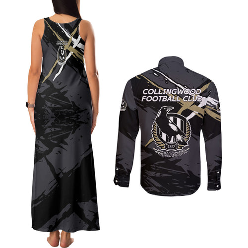 Collingwood Football Club Couples Matching Tank Maxi Dress and Long Sleeve Button Shirt Magpies Muscular Mascot Graphic - Abstract Paint Splatter Art