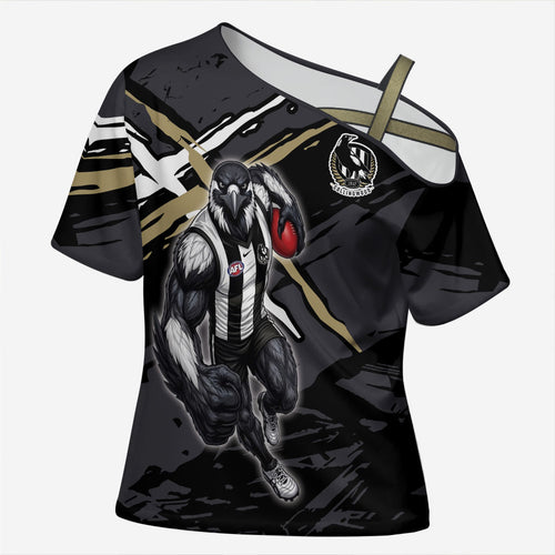Collingwood Football Club Cross Shoulder Shirt Magpies Muscular Mascot Graphic - Abstract Paint Splatter Art