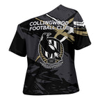 Collingwood Football Club Cross Shoulder Shirt Magpies Muscular Mascot Graphic - Abstract Paint Splatter Art