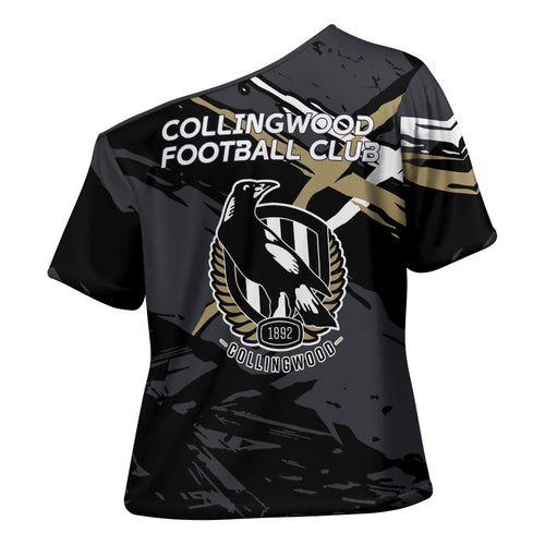 Collingwood Football Club Cross Shoulder Shirt Magpies Muscular Mascot Graphic - Abstract Paint Splatter Art