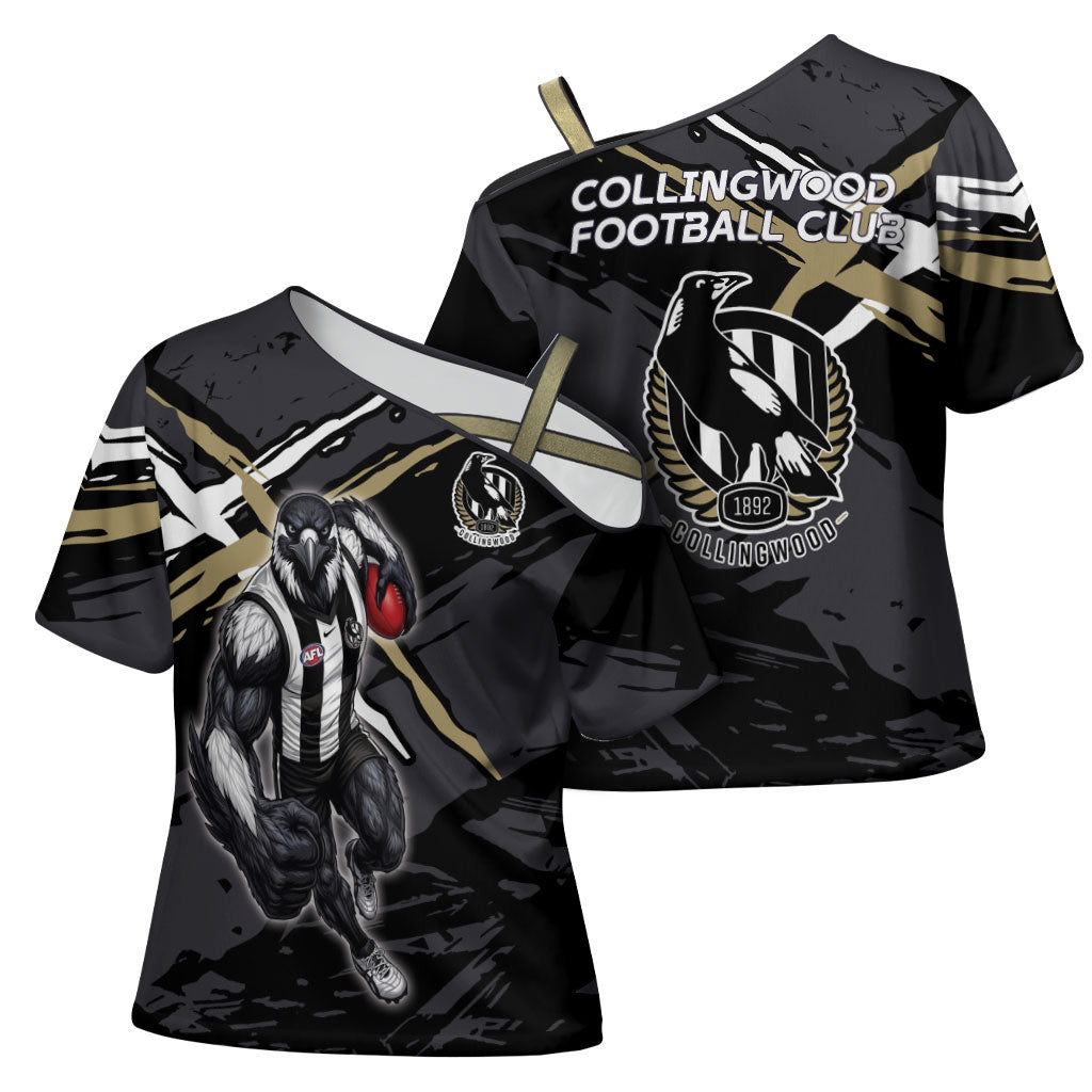 Collingwood Football Club Cross Shoulder Shirt Magpies Muscular Mascot Graphic - Abstract Paint Splatter Art