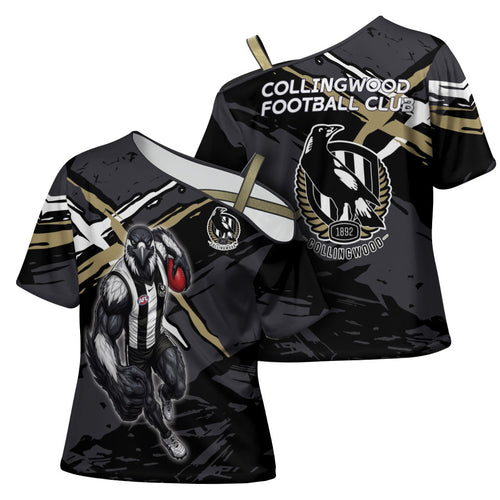 Collingwood Football Club Cross Shoulder Shirt Magpies Muscular Mascot Graphic - Abstract Paint Splatter Art