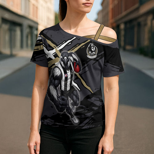 Collingwood Football Club Cross Shoulder Shirt Magpies Muscular Mascot Graphic - Abstract Paint Splatter Art
