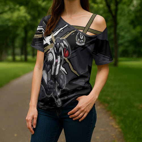 Collingwood Football Club Cross Shoulder Shirt Magpies Muscular Mascot Graphic - Abstract Paint Splatter Art
