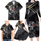 Collingwood Football Club Family Matching Long Sleeve Bodycon Dress and Hawaiian Shirt Magpies Muscular Mascot Graphic - Abstract Paint Splatter Art