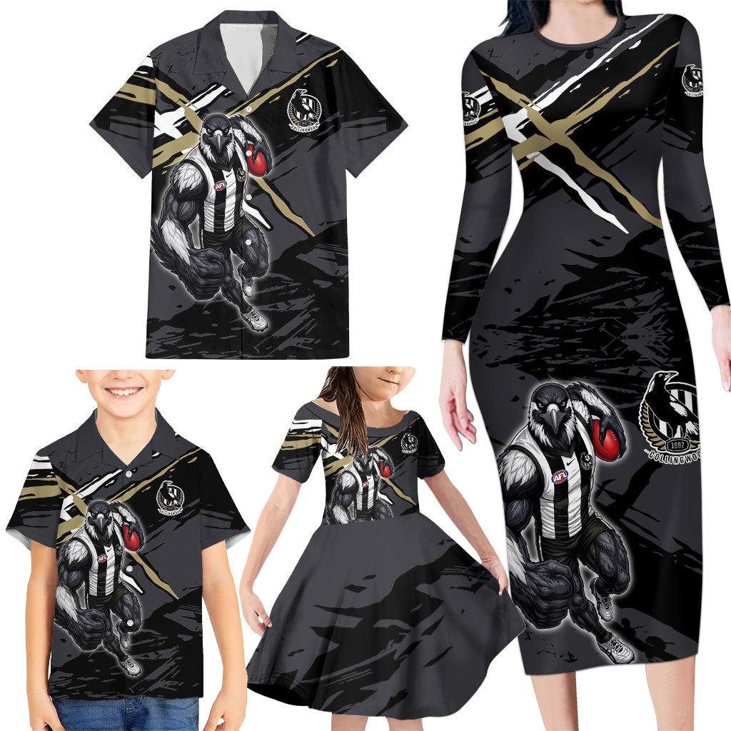 Collingwood Football Club Family Matching Long Sleeve Bodycon Dress and Hawaiian Shirt Magpies Muscular Mascot Graphic - Abstract Paint Splatter Art