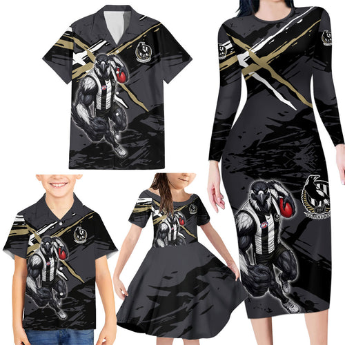 Collingwood Football Club Family Matching Long Sleeve Bodycon Dress and Hawaiian Shirt Magpies Muscular Mascot Graphic - Abstract Paint Splatter Art