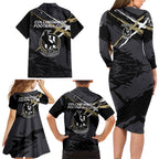 Collingwood Football Club Family Matching Long Sleeve Bodycon Dress and Hawaiian Shirt Magpies Muscular Mascot Graphic - Abstract Paint Splatter Art