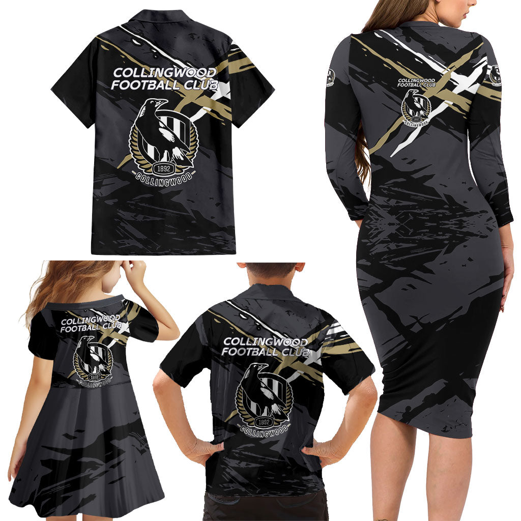 Collingwood Football Club Family Matching Long Sleeve Bodycon Dress and Hawaiian Shirt Magpies Muscular Mascot Graphic - Abstract Paint Splatter Art