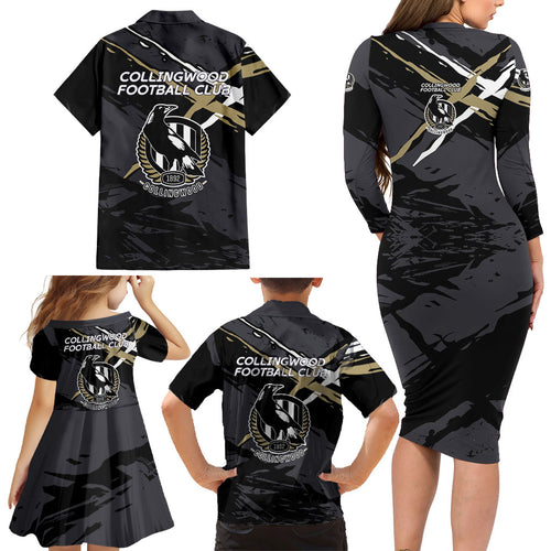Collingwood Football Club Family Matching Long Sleeve Bodycon Dress and Hawaiian Shirt Magpies Muscular Mascot Graphic - Abstract Paint Splatter Art