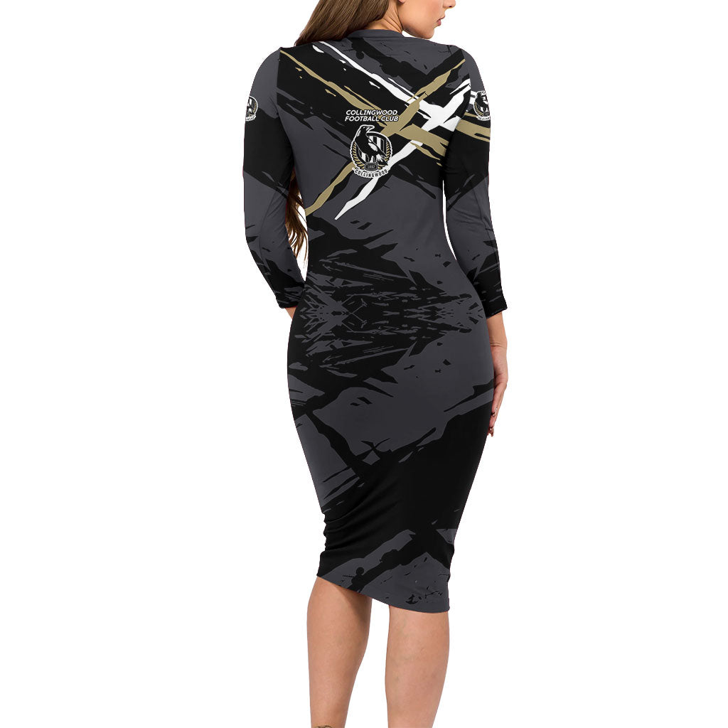 Collingwood Football Club Family Matching Long Sleeve Bodycon Dress and Hawaiian Shirt Magpies Muscular Mascot Graphic - Abstract Paint Splatter Art
