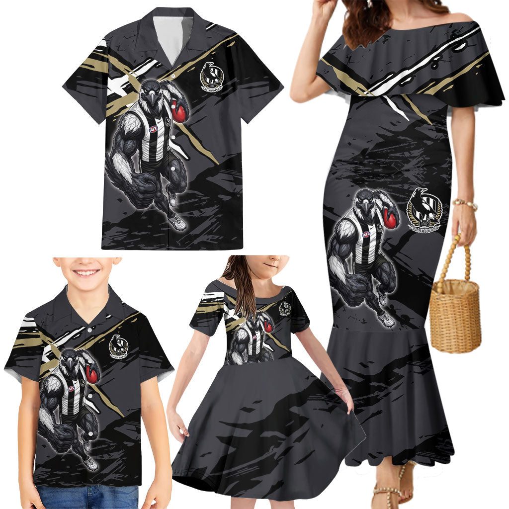 Collingwood Football Club Family Matching Mermaid Dress and Hawaiian Shirt Magpies Muscular Mascot Graphic - Abstract Paint Splatter Art
