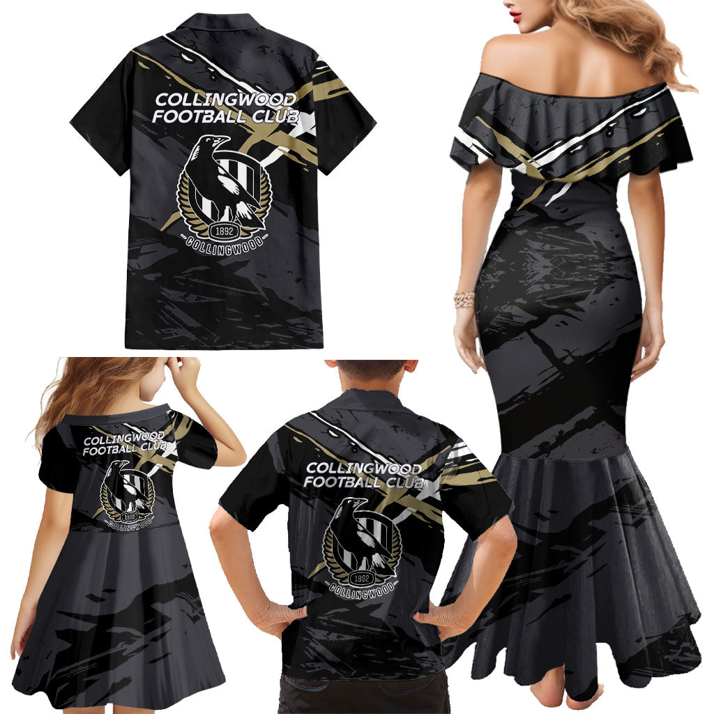 Collingwood Football Club Family Matching Mermaid Dress and Hawaiian Shirt Magpies Muscular Mascot Graphic - Abstract Paint Splatter Art