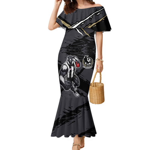 Collingwood Football Club Family Matching Mermaid Dress and Hawaiian Shirt Magpies Muscular Mascot Graphic - Abstract Paint Splatter Art