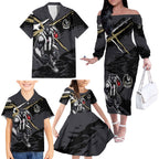 Collingwood Football Club Family Matching Off The Shoulder Long Sleeve Dress and Hawaiian Shirt Magpies Muscular Mascot Graphic - Abstract Paint Splatter Art