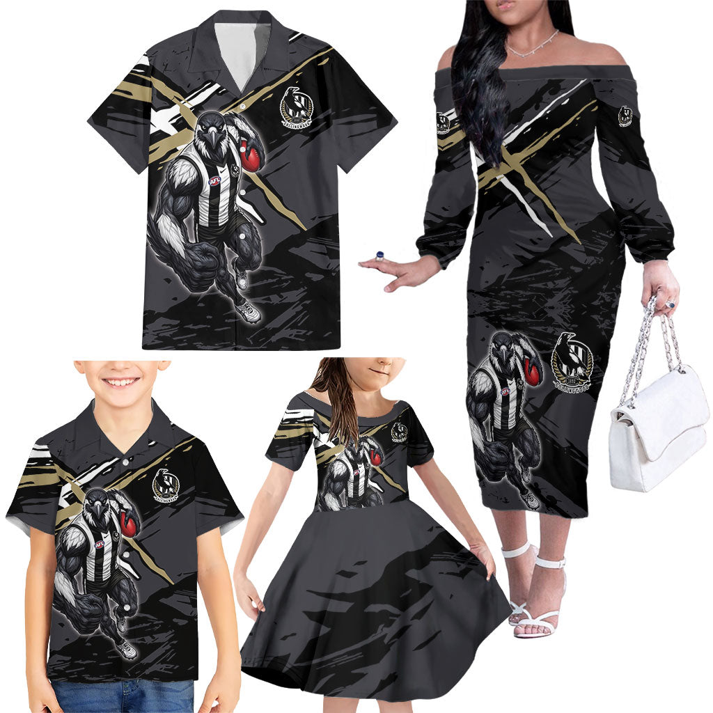 Collingwood Football Club Family Matching Off The Shoulder Long Sleeve Dress and Hawaiian Shirt Magpies Muscular Mascot Graphic - Abstract Paint Splatter Art