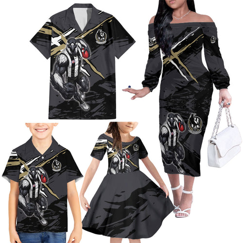 Collingwood Football Club Family Matching Off The Shoulder Long Sleeve Dress and Hawaiian Shirt Magpies Muscular Mascot Graphic - Abstract Paint Splatter Art