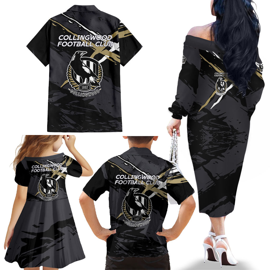 Collingwood Football Club Family Matching Off The Shoulder Long Sleeve Dress and Hawaiian Shirt Magpies Muscular Mascot Graphic - Abstract Paint Splatter Art