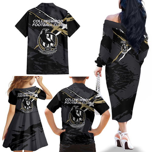 Collingwood Football Club Family Matching Off The Shoulder Long Sleeve Dress and Hawaiian Shirt Magpies Muscular Mascot Graphic - Abstract Paint Splatter Art