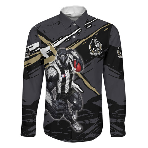 Collingwood Football Club Family Matching Off The Shoulder Long Sleeve Dress and Hawaiian Shirt Magpies Muscular Mascot Graphic - Abstract Paint Splatter Art