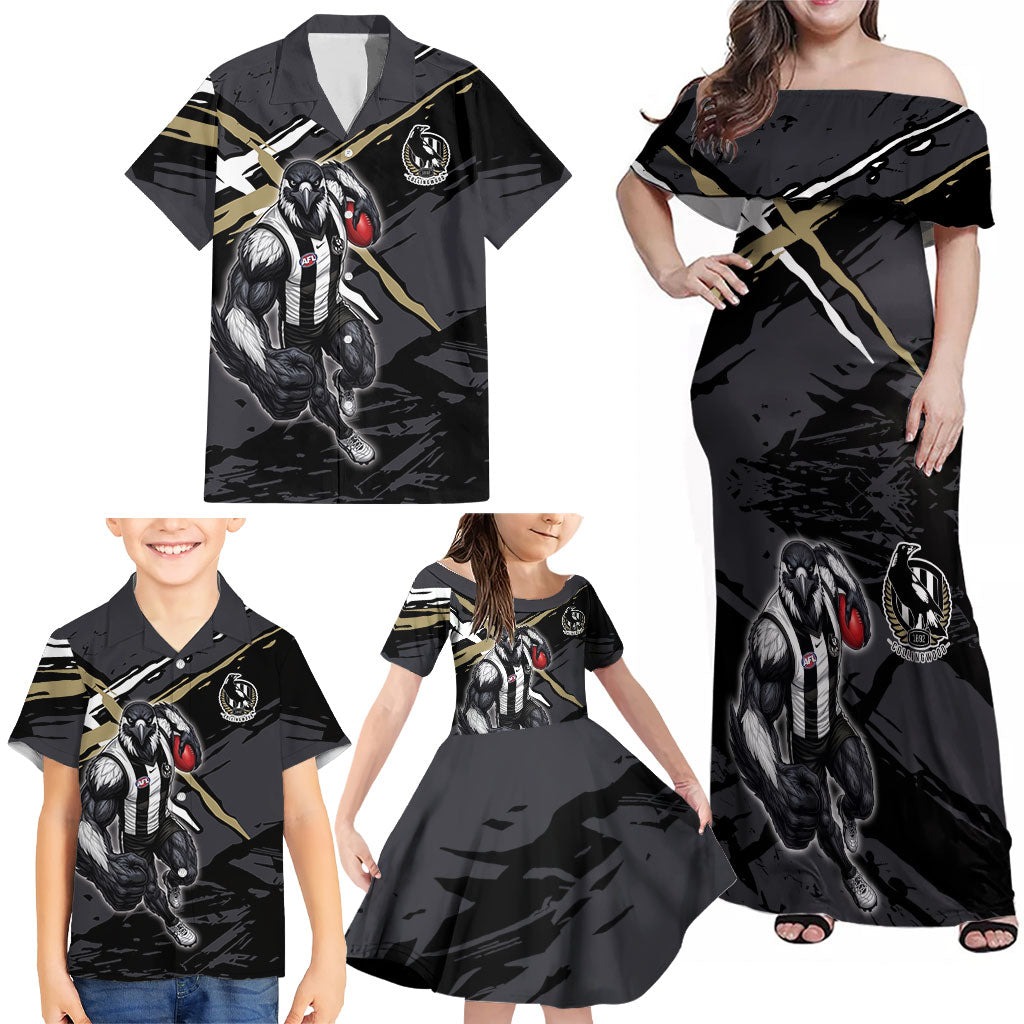 Collingwood Football Club Family Matching Off Shoulder Maxi Dress and Hawaiian Shirt Magpies Muscular Mascot Graphic - Abstract Paint Splatter Art