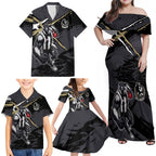 Collingwood Football Club Family Matching Off Shoulder Maxi Dress and Hawaiian Shirt Magpies Muscular Mascot Graphic - Abstract Paint Splatter Art