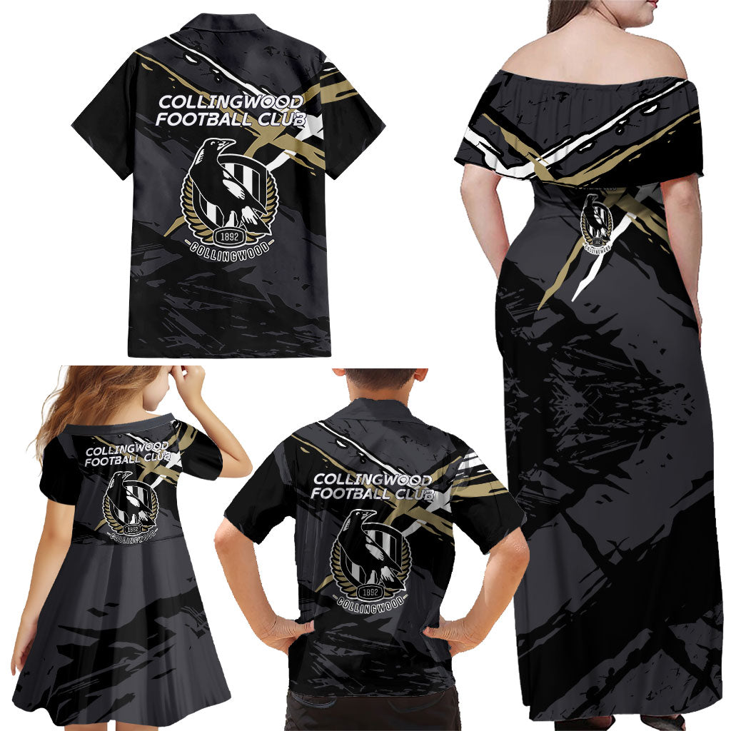 Collingwood Football Club Family Matching Off Shoulder Maxi Dress and Hawaiian Shirt Magpies Muscular Mascot Graphic - Abstract Paint Splatter Art