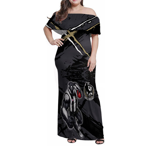 Collingwood Football Club Family Matching Off Shoulder Maxi Dress and Hawaiian Shirt Magpies Muscular Mascot Graphic - Abstract Paint Splatter Art