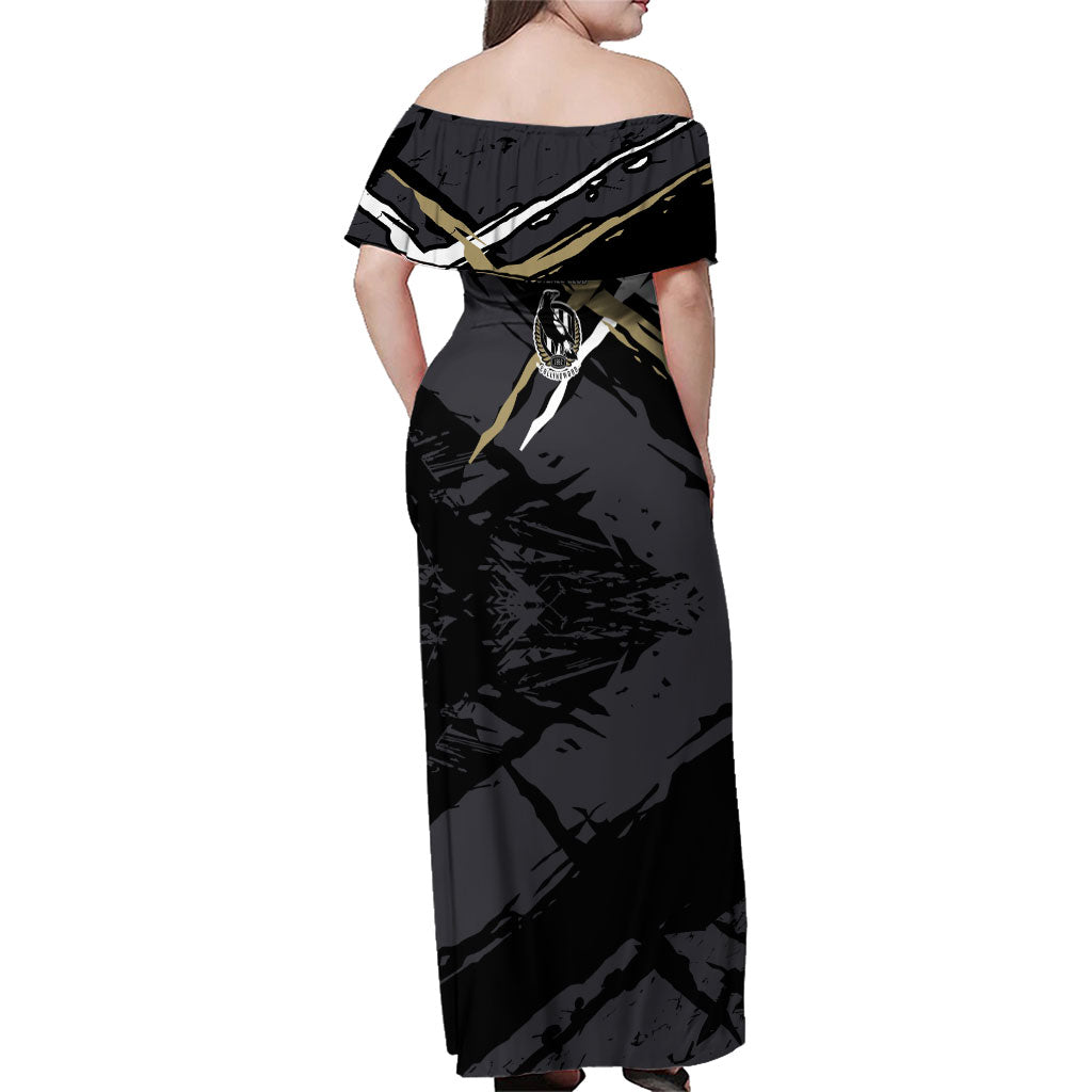 Collingwood Football Club Family Matching Off Shoulder Maxi Dress and Hawaiian Shirt Magpies Muscular Mascot Graphic - Abstract Paint Splatter Art