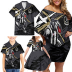 Collingwood Football Club Family Matching Off Shoulder Short Dress and Hawaiian Shirt Magpies Muscular Mascot Graphic - Abstract Paint Splatter Art