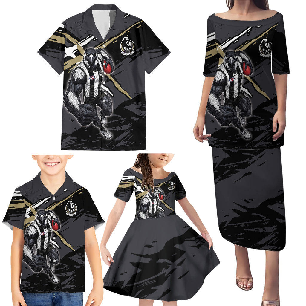 Collingwood Football Club Family Matching Puletasi and Hawaiian Shirt Magpies Muscular Mascot Graphic - Abstract Paint Splatter Art